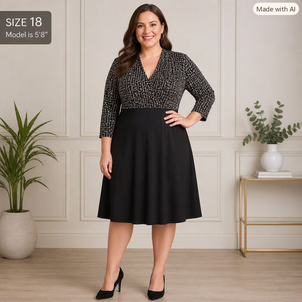 Studio I Black White Gold Geometric Chain Print Dress | Size 18